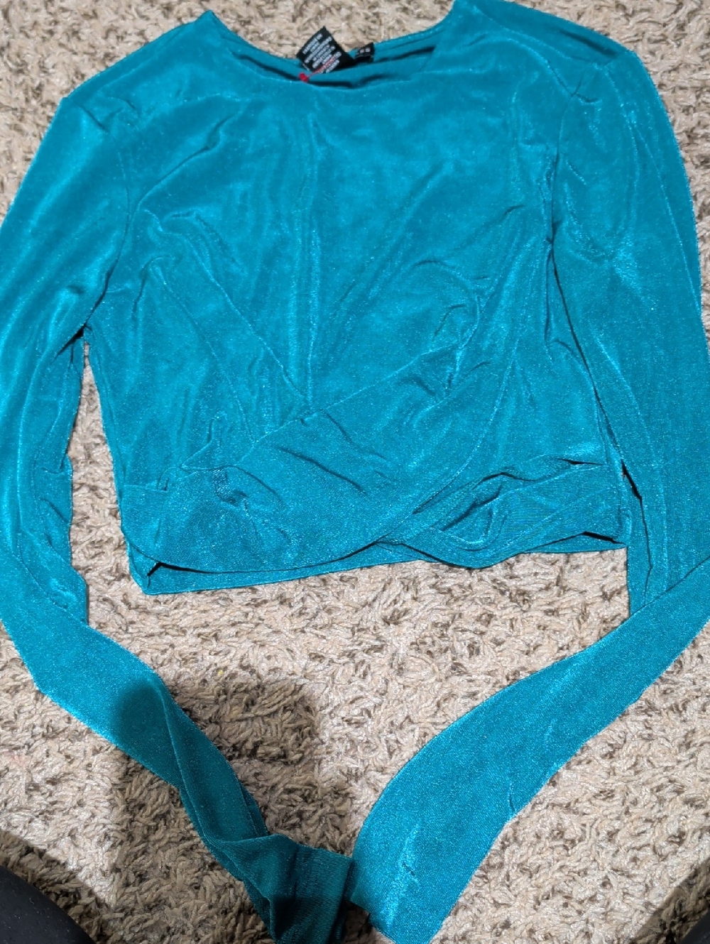 Sincerly Jules Teal Shimmer Long-Sleeve Crop Top